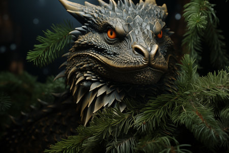 close-up of a green dragon head on the branches of a christmas treeの素材