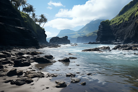 tropical coastal landscape, wild rocky beach in the bay of a tropical islandの素材