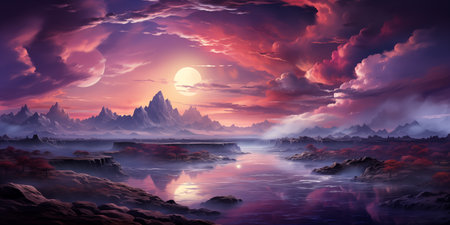 dreamscape, fantasy sunset landscape with volcanic rocks, lake and cloudy skyの素材