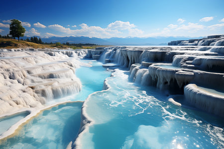 landscape with travertine pools and terraces with blue waterの素材