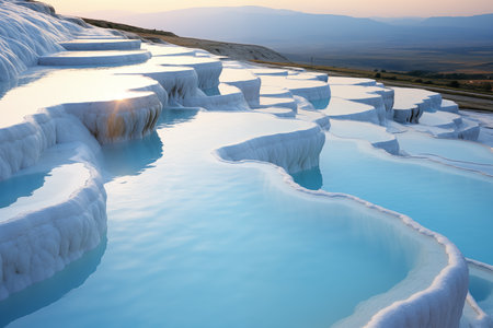 cascade of natural travertine pools with blue mineral spring waterの素材
