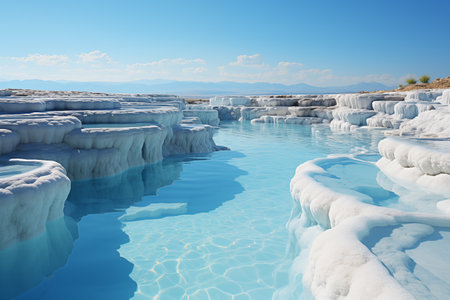 landscape with travertine pools and terraces with blue waterの素材