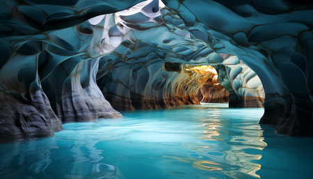blue arches of a natural marble cave in the coastal cliffsの素材