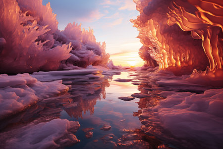fantasy landscape with ice crystals at sunsetの素材