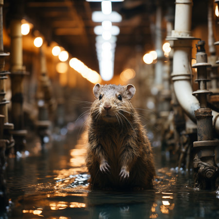 wet brown rat among the pipelines in flooded basementの素材