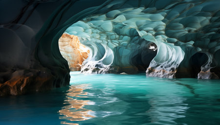 blue arches of a natural marble cave in the coastal cliffsの素材