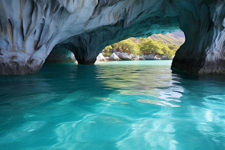 marble cave in coastal cliff with crystal clear waterの素材