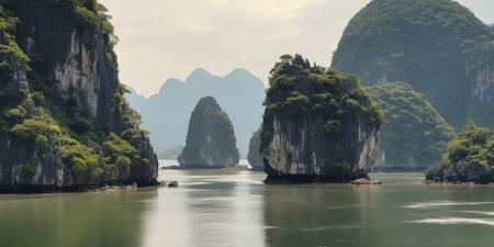 beautiful view of the sea bay with karst limestone islets and cliffs on a cloudy dayの素材