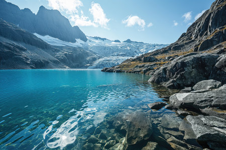 cleanest highland lake with clear fresh water between snowy mountain rangesの素材