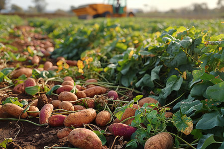 dug up sweet potato tubers in a field during harvestの素材