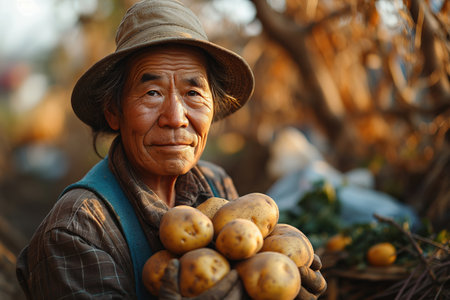 Asian farmer with harvested potatoesの素材