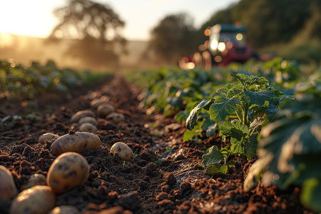 dug up potato tubers in a field after the passage of a potato diggerの素材