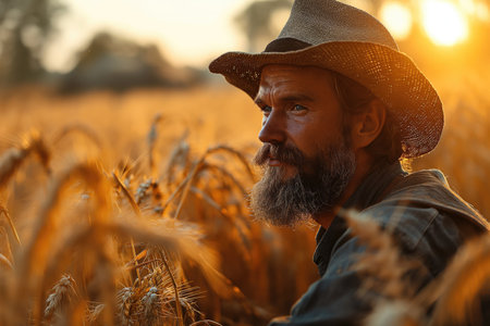 male farmer in wheat fieldの素材