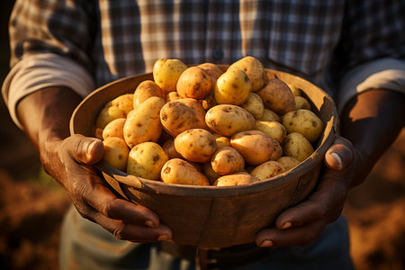 hands of agricultural worker with harvested potatoesの素材