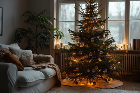 decorated Christmas tree with glowing garland in a New Year interiorの素材