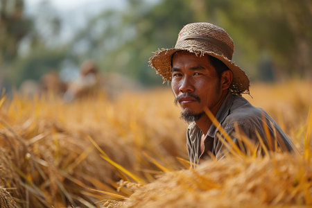 Asian farmer on the field among the straw during threshingの素材