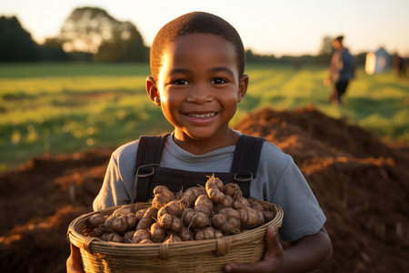 child holding a basket with harvested jerusalem artichoke tubersの素材