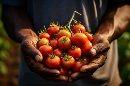 hands of agricultural worker with harvested tomatoesの素材