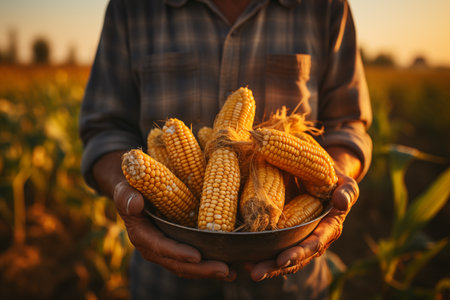 hands of agricultural worker with harvested corn cobsの素材