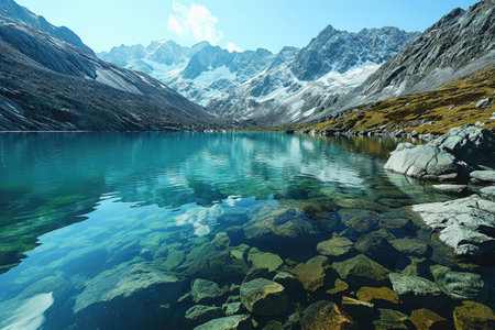 purest highland lake with clear fresh water between snowy mountain rangesの素材