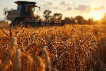 cereal ears on the field and a combine harvester in the backgroundの素材