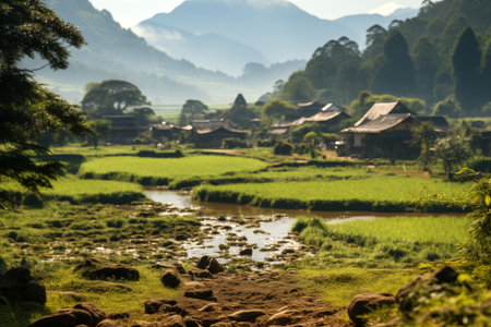 rural landscape with marshland with rice fields in the foregroundの素材
