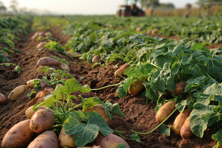 potato tubers in a furrow on the field after the passage of a potato digger during harvestingの素材