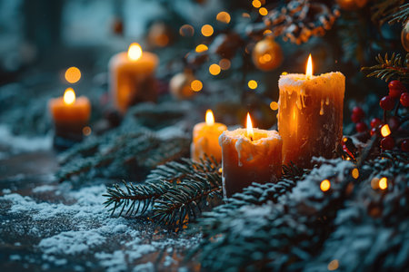 New Year card, background, holiday candles burning on the table on a winter night outdoorsの素材