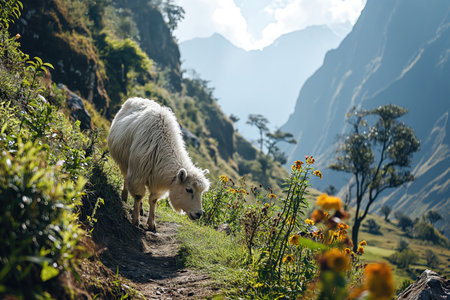 domestic sheep in the natural landscape of a mountain valleyの素材