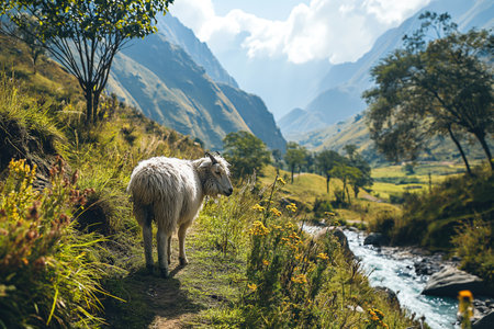 domestic sheep in the natural landscape of a mountain valleyの素材