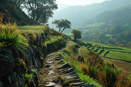 old path in a beautiful mountain valley with terraced fieldsの素材