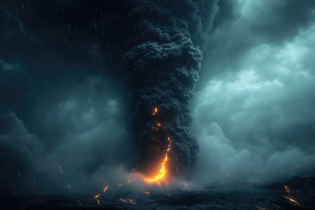 night volcanic eruption with a column of smoke, lava flows and ash falling from the skyの素材