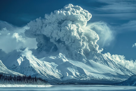 massive volcanic eruption in a snowy arctic region far beyond a lake or sea bayの素材