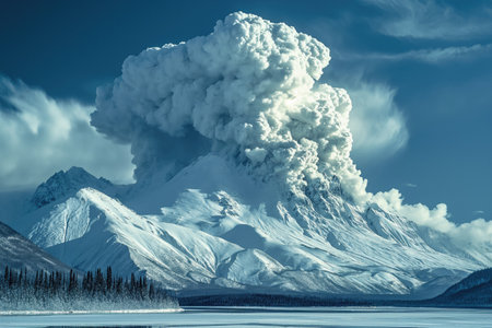 distant eruption of volcano in snowy arctic landscapeの素材