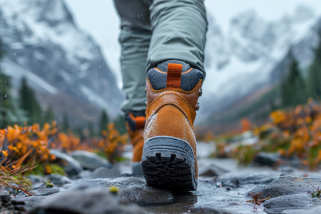 trekking boots on the feet of a hiker walking through the rainy mountains, close-upの素材
