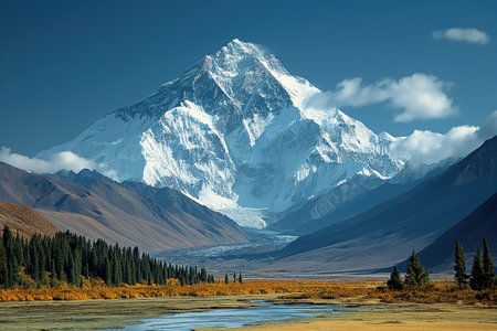 glacier melts from a majestic peak, giving rise to a mountain riverの素材