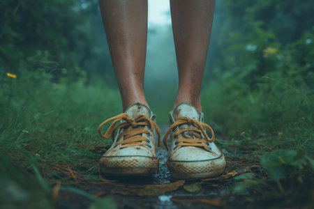 teenager legs in dirty sneakers on a forest pathの素材
