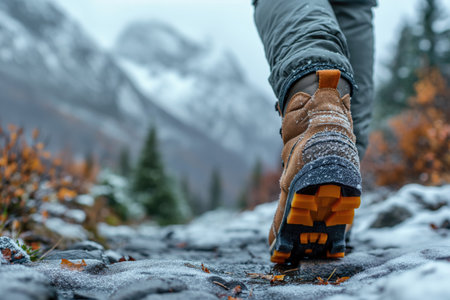 trekking boots on the feet of a hiker walking through the winter mountains, close-upの素材