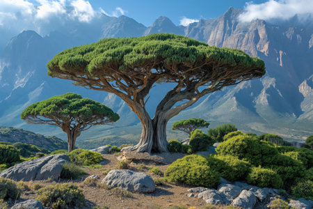 view of a tropical mountain valley with dragon treesの素材