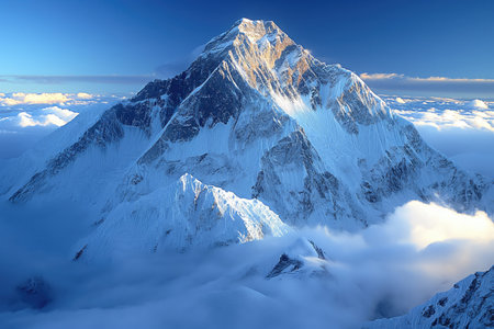 view of a high snowy mountain peak above the cloudsの素材