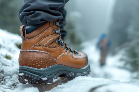 trekking boots on the feet of a hiker walking through the winter mountains, close-upの素材