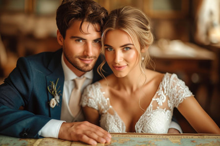 newlyweds in a travel agency looking at a world map, discussing their honeymoonの素材