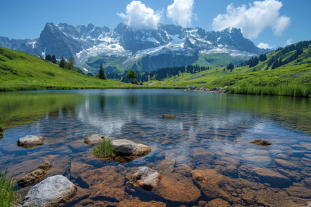 clean lake in clear water among alpine meadows in a high mountain valleyの素材
