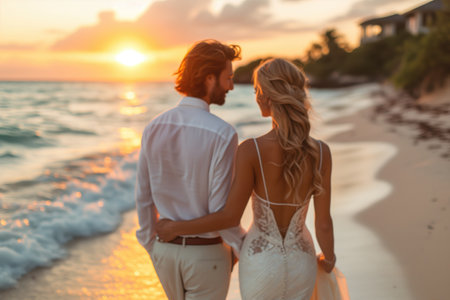 blurred newlywed couple on tropical beach during honeymoonの素材