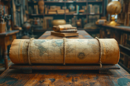 some ancient map on a scroll in Victorian libraryの素材