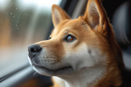Akita Inu dog rides in a car, looks out the windowの素材