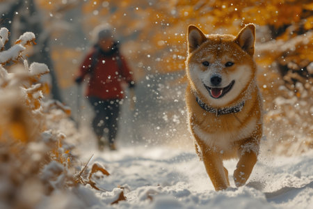 Shiba Inu dog runs with a skier on a walkの素材