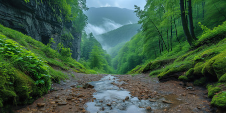 landscape, stream bed in misty wooded mountainsの素材