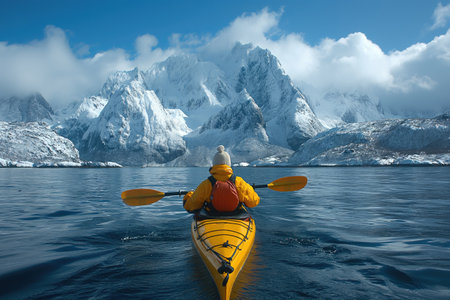 kayaker in a cold sea against the backdrop of cold mountainous arctic shoresの素材