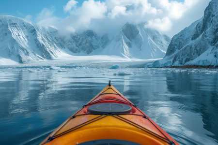 kayaking on a sea kayak against the backdrop of arctic shoresの素材